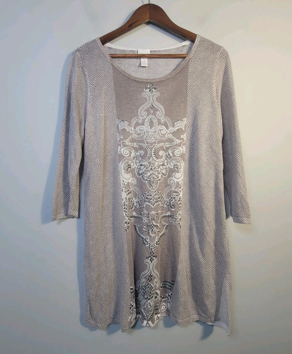 Chicos 1 Rayon Knit Tunic Sweater Beaded Graphic Print Taupe
